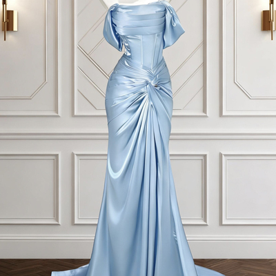 Blue satin long mermaid prom party dress