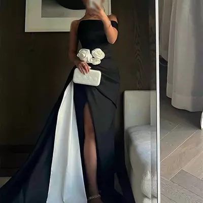Elegant long black evening dresses with hand made flower/slit mermaid one shoulder sweep train  prom dresses