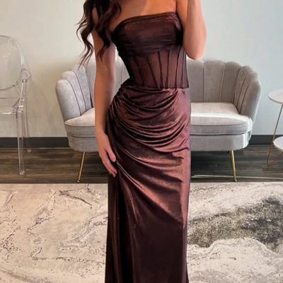 Chic strapless long brown prom dress with leg slit