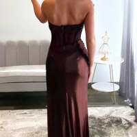 Chic Strapless Long Brown Prom Dress with Leg Slit - Thumbnail 2