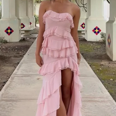 Sheath sweetheart pink chiffon long prom dress with ruffles