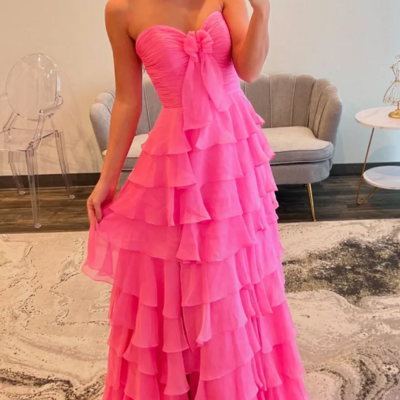 A-line sweetheart hot pink tiered chiffon prom dress with slit