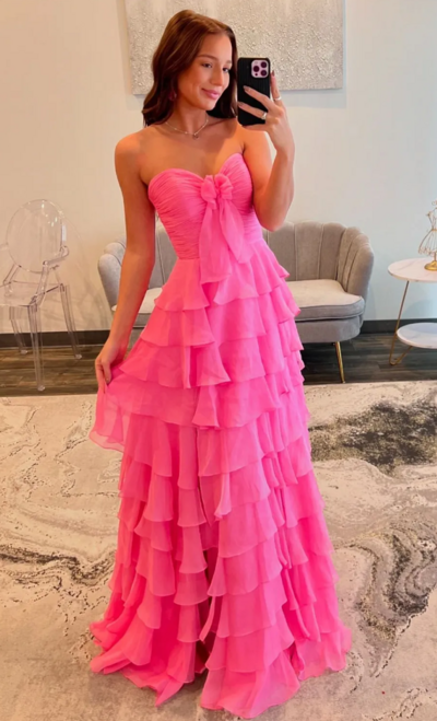 A-Line Sweetheart Hot Pink Tiered Chiffon Prom Dress With Slit