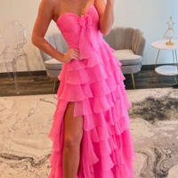 A-Line Sweetheart Hot Pink Tiered Chiffon Prom Dress With Slit - Thumbnail 1