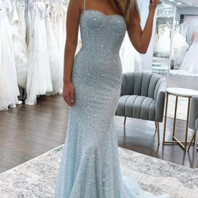 Spaghetti straps light blue sequin long prom dresses formal evening dresses - Thumbnail 2