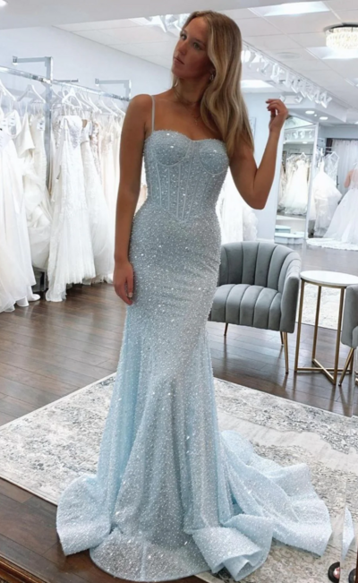 Spaghetti Straps Light Blue Sequin Long Prom Dresses Formal Evening Dresses
