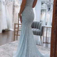 Spaghetti Straps Light Blue Sequin Long Prom Dresses Formal Evening Dresses - Thumbnail 1