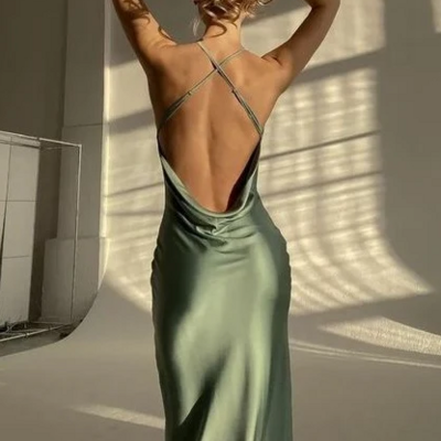 Sheath spaghetti straps green prom dress with criss cross back
