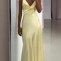A Line Spaghetti Straps Yellow Floor Length Prom Dress with Split Front - Thumbnail 2