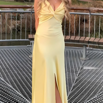 A line spaghetti straps yellow floor length prom dress with split front