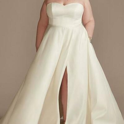 A-line strapless sweetheart ivory satin plus size wedding dresses with split pockets,2010