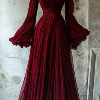 Vintage a-line v neck burgundy chiffon long evening dresses - Thumbnail 1