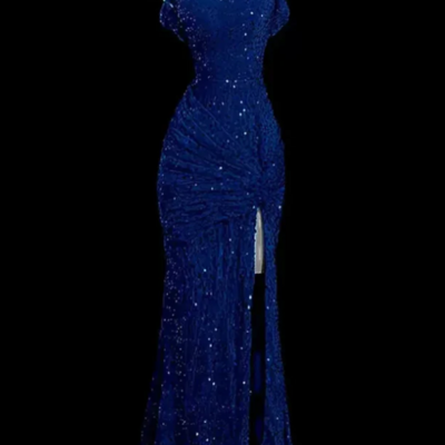 Mermaid off shoulder blue sequins split prom dresses