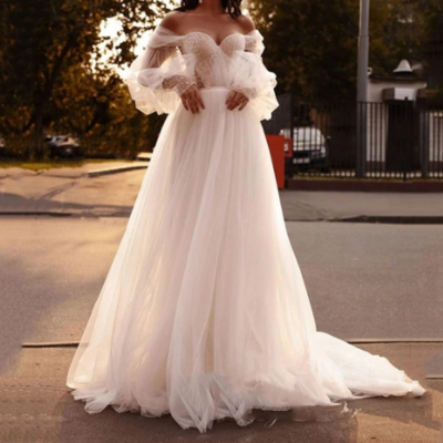 Off the shoulder a line tulle beach wedding dress sweetheart puffy sleeves corset princess wedding gown,2012
