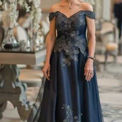 Elegant navy blue a line appliques mother of bride/groom dress evening formal gowns 
