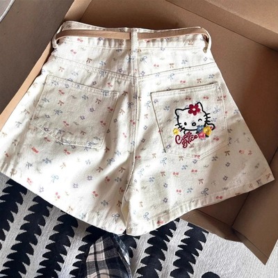 Cute bow and cherry print denim shorts