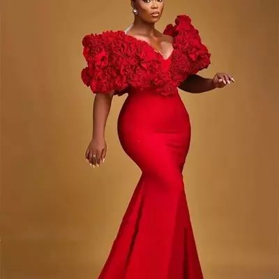African red mermaid prom dresses ruched v-neck short sleeves long satin evening gowns chic pageant special gown