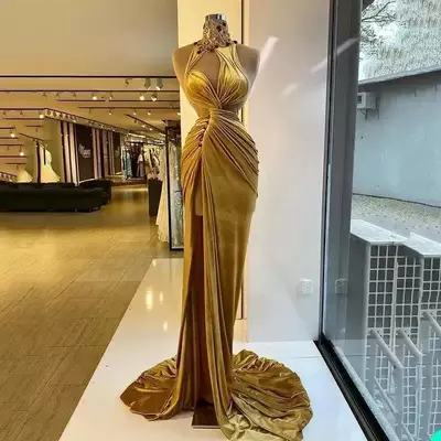 Velvet prom dresses elegant ruched long sweep train mermaid evening party gowns side slit high neck crystals beading sleeveless