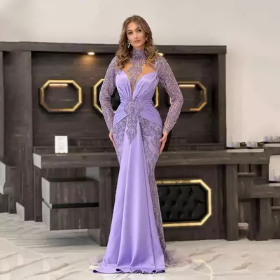 Elegant lavender lace mermaid evening dresses high neck long sleeves formal prom birthday party gowns robe de soiree