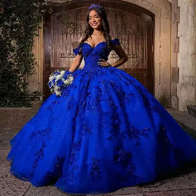 Royal blue sexy quinceanera dresses off shoulder sequined lace appliques crystal beads sequins sweet 16 dress vestidos de 15 prom dress
