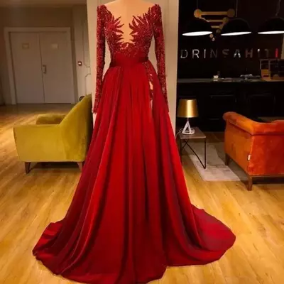 Vintage dark red long sleeve evening dresses a line sheer neck appliques beads split long satin party occasion gowns prom dress