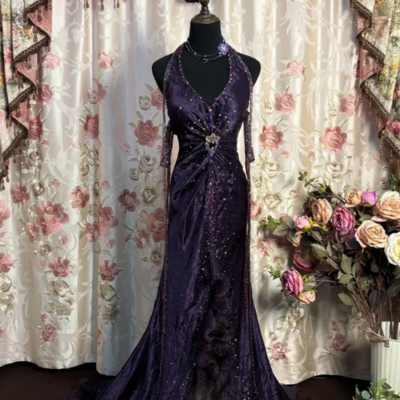 Halter a line grape prom dresses long formal evening dress - Thumbnail 1