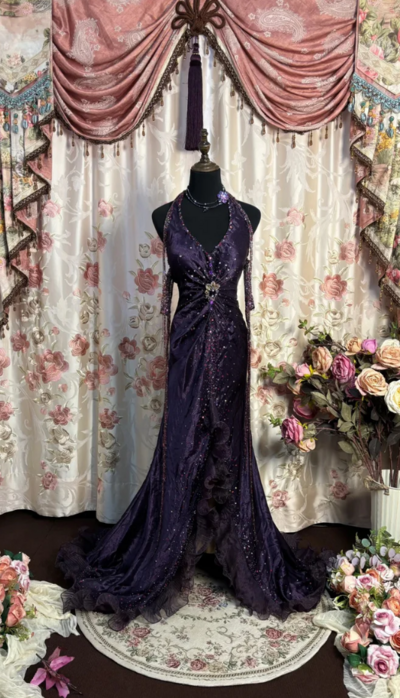 Halter A Line Grape Prom Dresses Long Formal Evening Dress