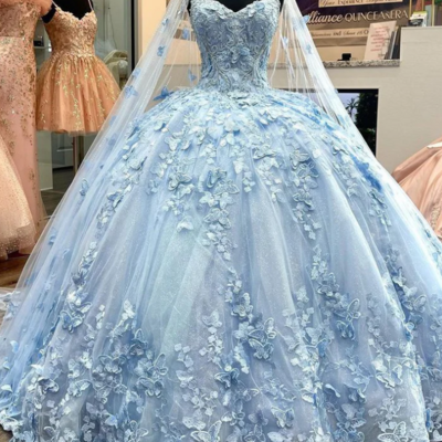 Ball gown a line blue tulle lace party dresses