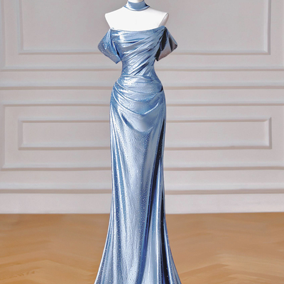Mermaid blue satin beads long prom party dress
