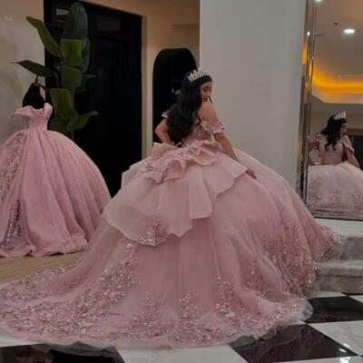 Customized pink floral quinceanera dress ball gown applique beading tiered corset sweet 16 vestido de 15 anos