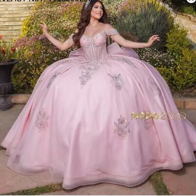 Customized pink sequins ball gown quinceanera dress lace applique beading bow sweet 16 vestidos de 15 anos