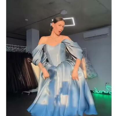Customized green satin prom gowns off the shoulder a line v neck party gown floor length evening dress vestidos de gala