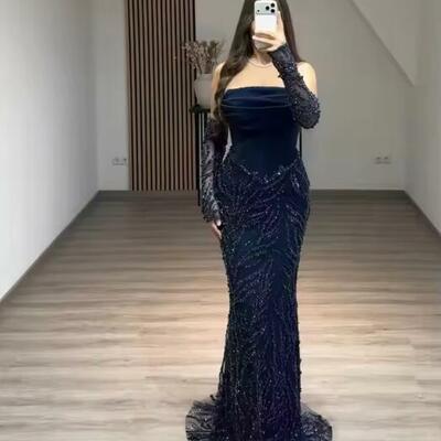 Customized navy blue shiny sequin prom dress strapless backless mermaid formal evening dresses elegant women vestidos de noiva