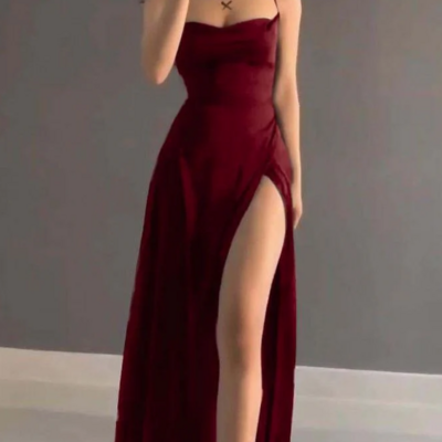 Spaghetti strap wine red open back prom dress with slit 