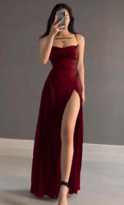 Spaghetti Strap Wine Red Open Back Prom Dress with Slit 