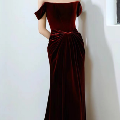Vintage off shoulder wine red velvet party dresses - Thumbnail 1