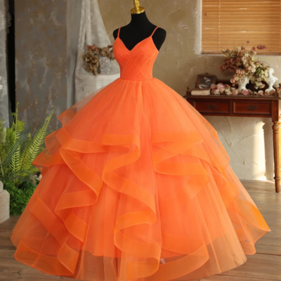 Ball gown orange ruffle prom dress for women 