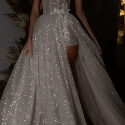 Spaghetti straps a line sparkly bohemian split prom dress