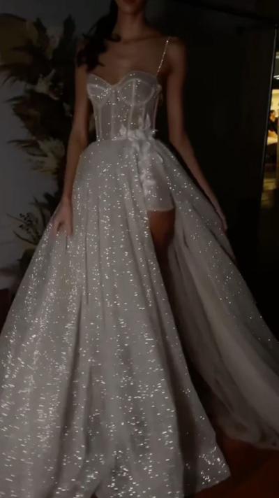 Spaghetti Straps A Line Sparkly Bohemian Split Prom Dress
