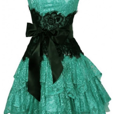 A line strapless green sleeveless lace homecoming dresses