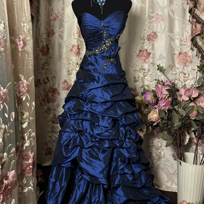 Elegant royal blue strapless ruffled taffeta evening gown 