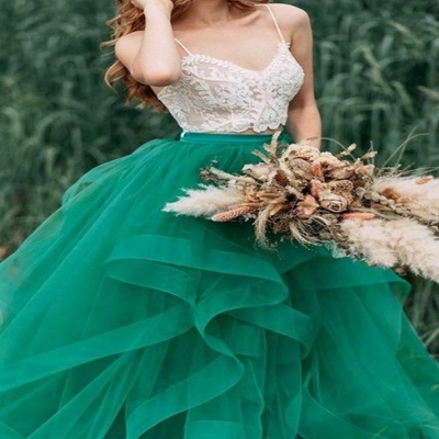Two pieces green lace simple wedding dress