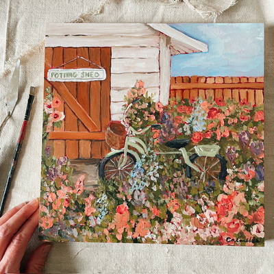 “garden days” 10x10 inch original oil painting 