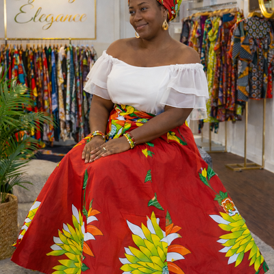 Red flower skirt & headwrap set