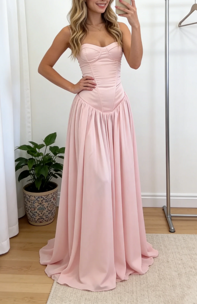 A Line Straps Pink Stain Long Formal Evening Dresses