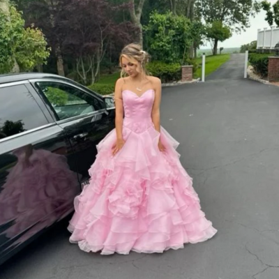 Sweetheart ball gown pink ruffled formal prom dresses
