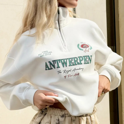 Antwerpen printed quarter zip lapel pullover white sweatshirt