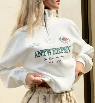 ANTWERPEN Printed Quarter Zip Lapel Pullover White Sweatshirt