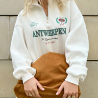 ANTWERPEN Printed Quarter Zip Lapel Pullover White Sweatshirt - Thumbnail 1