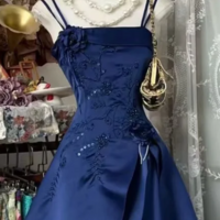 A Line Straps Navy Blue Long Prom Dress With Beading - Thumbnail 2